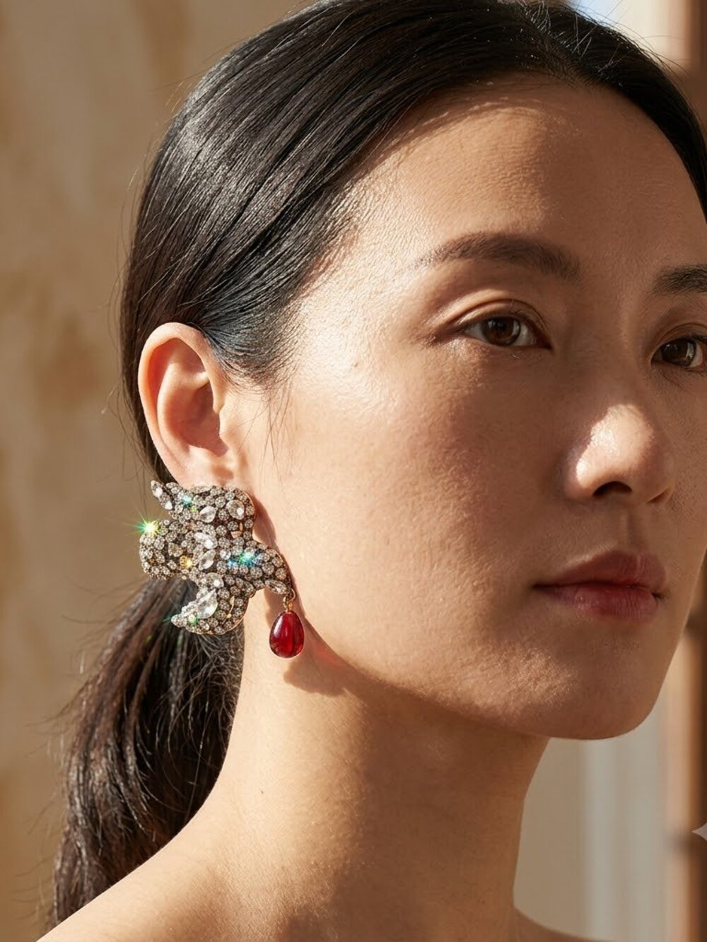 ✨  Crystal-Embellished Bird Statement Earrings with Red Teardrop Accents